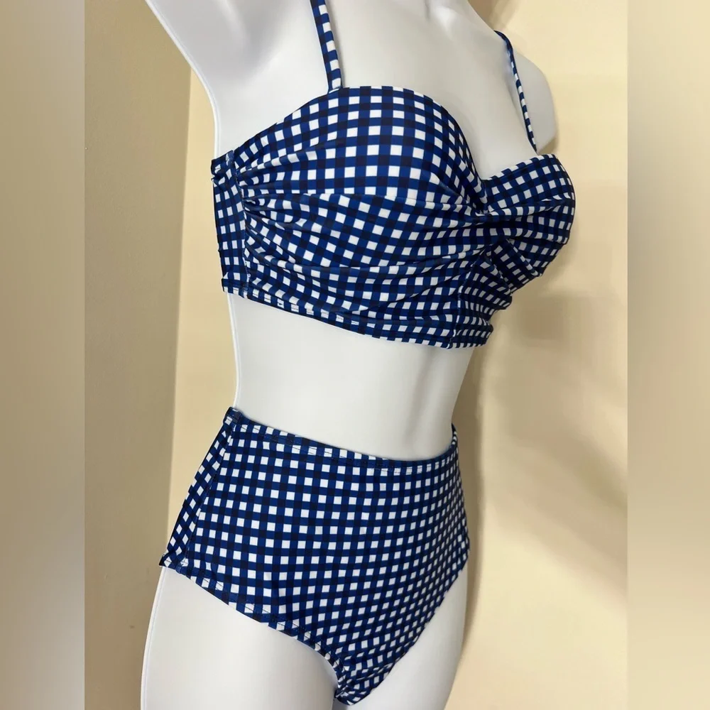 Blue Gingham Push Up High Waist Bikini Set